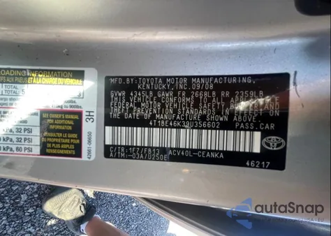 2009 Toyota Camry Le z USA, uszkodzony, nr VIN 4T1BE46K39U356602